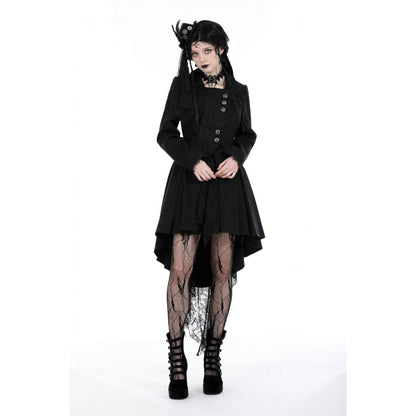 Side view of the Dark In Love Lorelei Tail Coat featuring decorative buttons and a stunning silhouette, ideal for gothic fashion enthusiasts.
