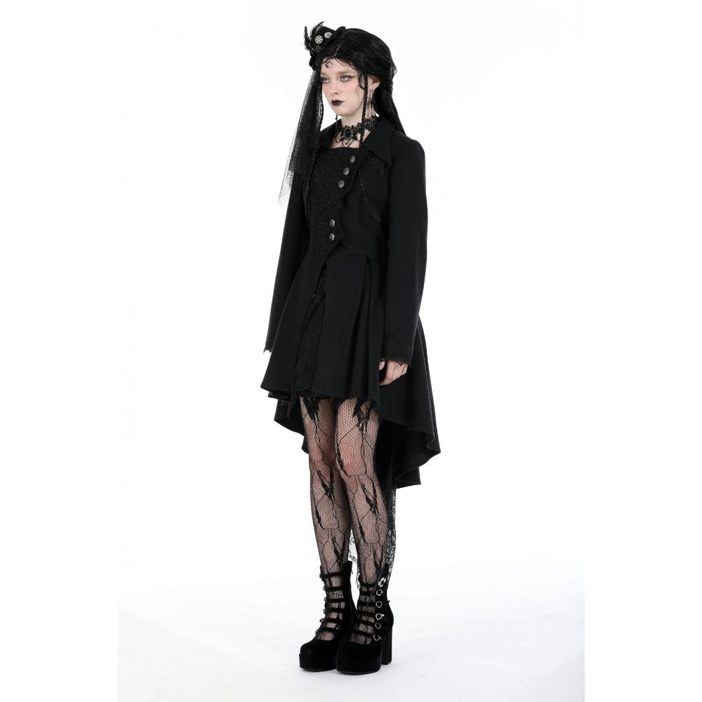 Elegant Dark In Love Lorelei Tail Coat showcasing intricate lace décor and fitted waist, perfect for gothic fashion enthusiasts.