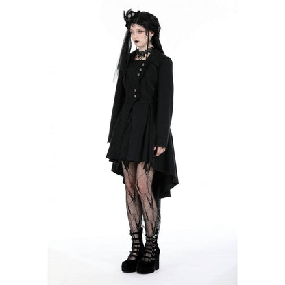 Elegant Dark In Love Lorelei Tail Coat showcasing intricate lace décor and fitted waist, perfect for gothic fashion enthusiasts.