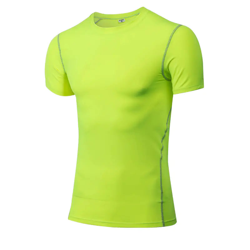 Eye-catching men's performance compression dry-fit short sleeve workout shirt in vibrant lime green, offering breathability and comfort for active lifestyles.
