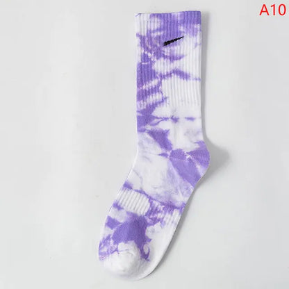 Stunning Women's Tie-Dye Middle Tube Socks in purple and white, a luxurious accessory for all-day comfort and trendy style.