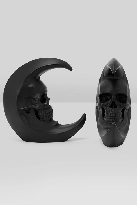 Elegant KILLSTAR Luna Morte Skull Moon Bookends in matte black resin, showcasing a crescent moon design with a skull silhouette, perfect for gothic home decor.