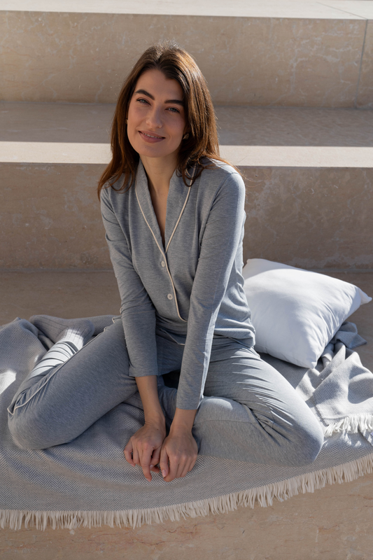 Luxury women's shawl collared pyjama set in ultra-soft micromodal fabric, showcasing elegant design features with cream contrast piping.