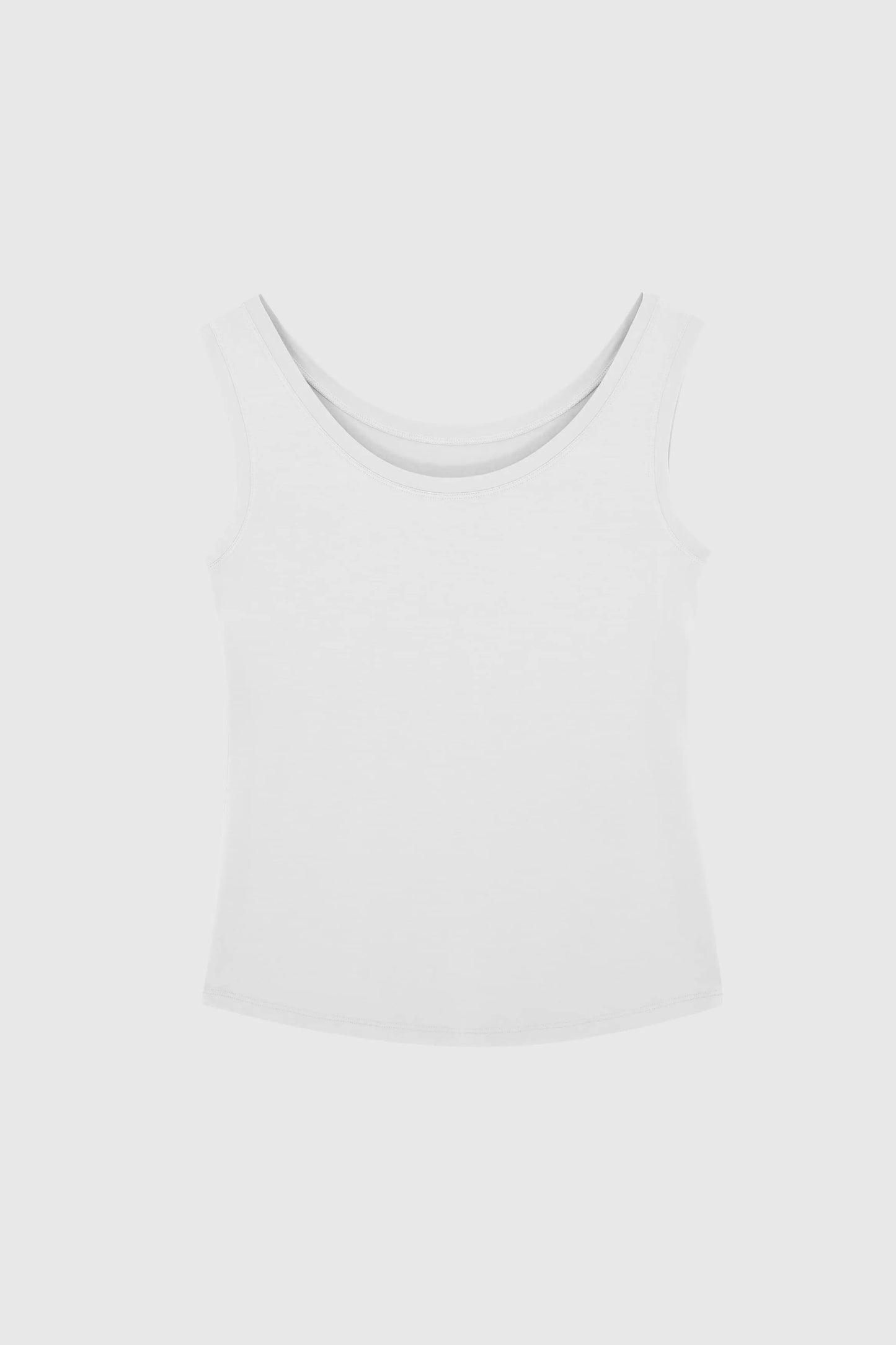 Model showcasing women's sleeveless micro modal vest top in a classic scoop neckline - a flattering silhouette designed for effortless sophistication.