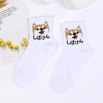 Stylish Hip Hop Long Socks for Women & Girls showcasing an adorable Shiba Inu design on a white background, crafted from a luxurious cotton and polyester blend for ultimate comfort and style.