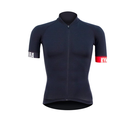 Stylish close-up of the KYMIRA Infrared Onyx Cycle Jersey showcasing its premium fabric and comfort grip arms.