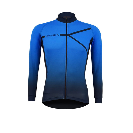 Close-up of KYMIRA Men's Infrared PrO2 Long Sleeve Cycling Jersey details including full-length inverted aero zip and three ergonomic rear pockets.