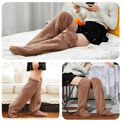 Cozy Teddy Socks for Women - Luxurious plush winter warmers displayed on a model lounging on a bed, showcasing the ultimate comfort and stylish design.