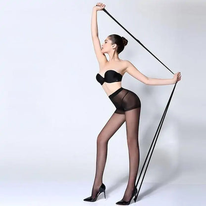 FadFashion Women's Ultimate Super Elastic Stockings in a stunning black hue, demonstrating their flexibility and smooth contours. The model's pose emphasizes the stockings' elegance and high-end appeal, ideal for enhancing any outfit.