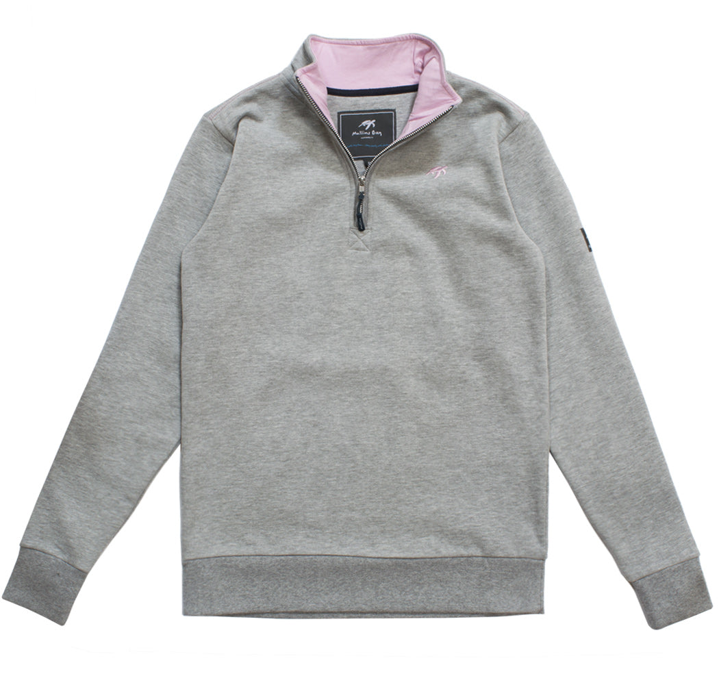 Ladies luxury grey soft cotton sweatshirt featuring an embroidered Mullins turtle logo, crafted from 100% peached cotton for supreme comfort and warmth, available in sizes 8 to 18.