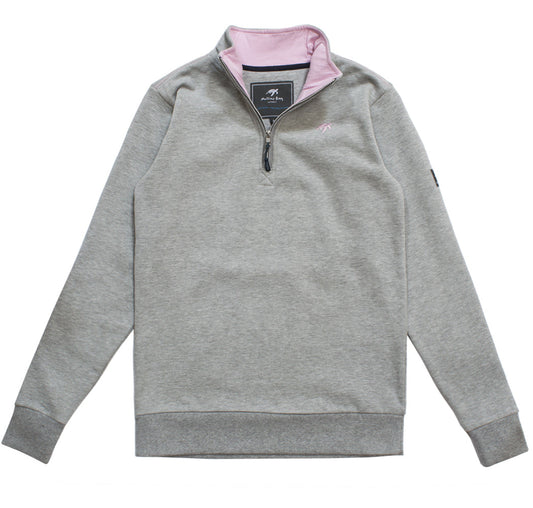 Ladies luxury grey soft cotton sweatshirt featuring an embroidered Mullins turtle logo, crafted from 100% peached cotton for supreme comfort and warmth, available in sizes 8 to 18.