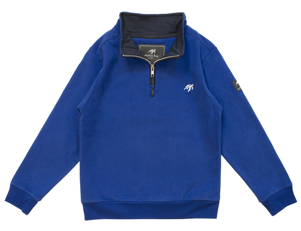 Luxury electric blue children's sweatshirt featuring a half zip design, made from soft cotton with a comfortable peached lining.