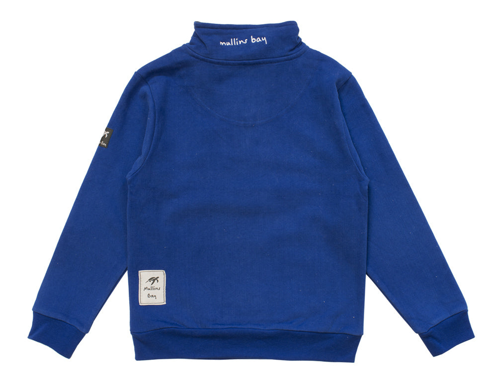 Back view of a luxury children's electric blue sweatshirt, showcasing the stylish ribbed cuffs and hem, perfect for ages 1-12.