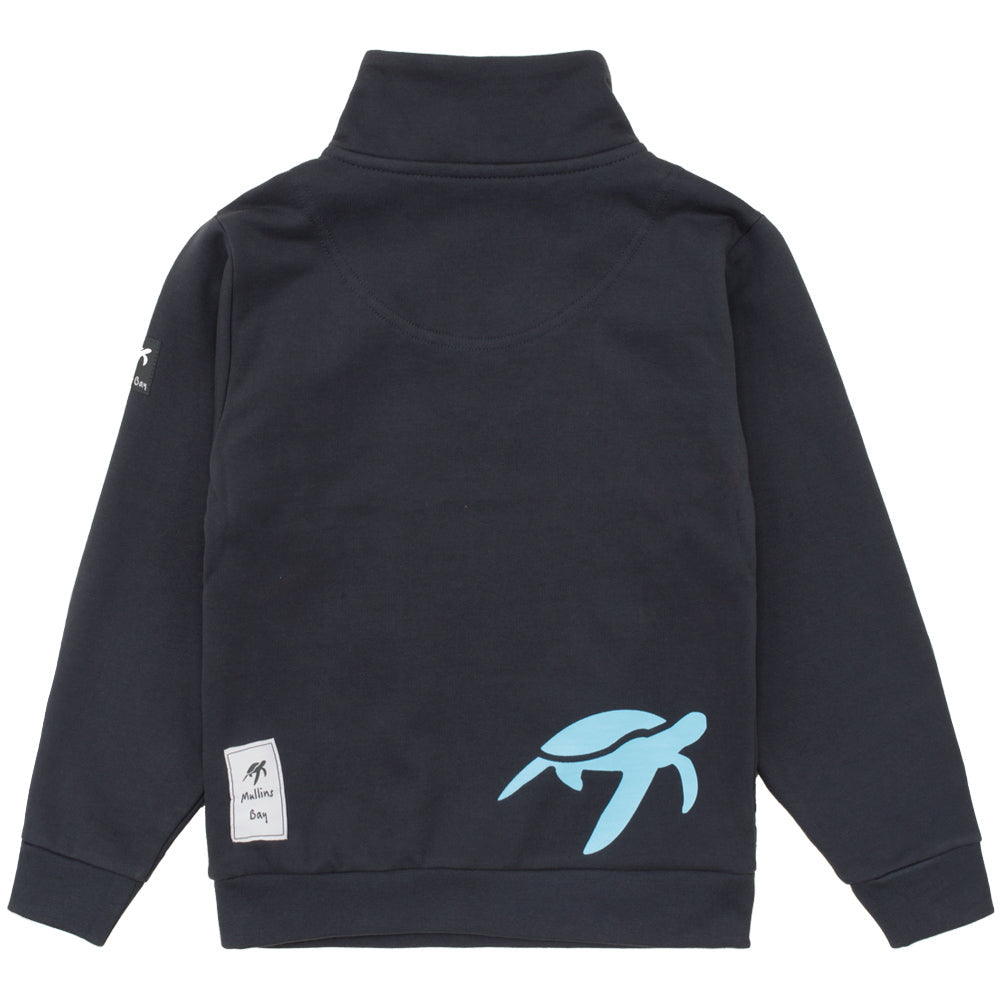 Elegant Kids' Harbour Blue West Coast Sweatshirt showcasing ribbed cuffs, a stylish half-zip neckline, and convenient side pockets, perfect for layering with a sophisticated touch.