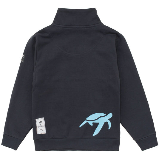 Elegant Kids' Harbour Blue West Coast Sweatshirt showcasing ribbed cuffs, a stylish half-zip neckline, and convenient side pockets, perfect for layering with a sophisticated touch.