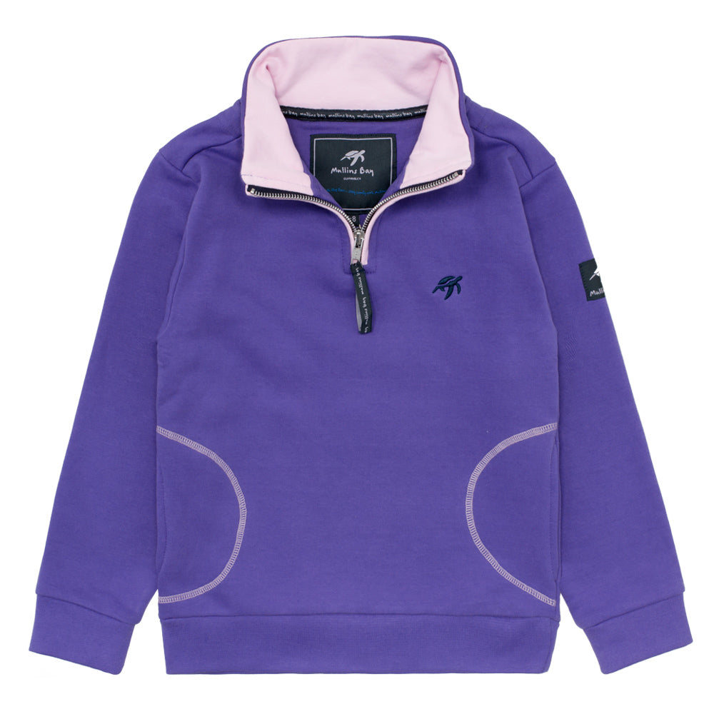 Luxurious Children's Indigo Haze West Coast Sweatshirt featuring a delightful Mullins Bay turtle print on the back, crafted from ultra-soft 100% cotton, showcasing a sophisticated half zip design and convenient side pockets.