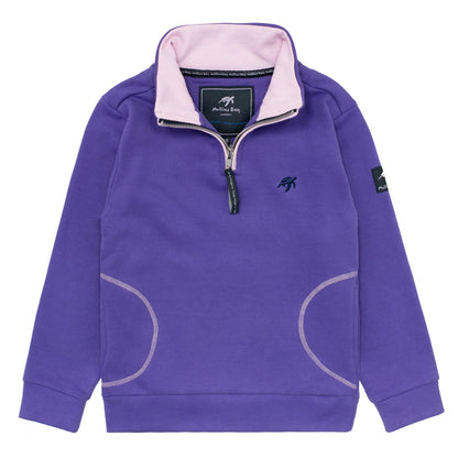 Luxurious Children's Indigo Haze West Coast Sweatshirt featuring a delightful Mullins Bay turtle print on the back, crafted from ultra-soft 100% cotton, showcasing a sophisticated half zip design and convenient side pockets.