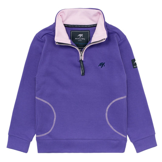 Luxurious Children's Indigo Haze West Coast Sweatshirt featuring a delightful Mullins Bay turtle print on the back, crafted from ultra-soft 100% cotton, showcasing a sophisticated half zip design and convenient side pockets.