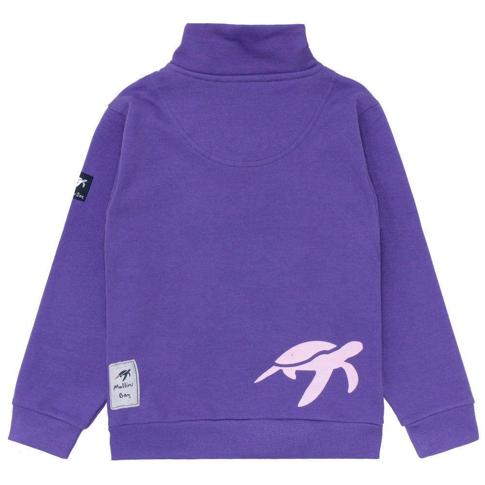 Elegant half zip detail of the Children's Indigo Haze West Coast Sweatshirt, highlighting a plush brushed lining and signature embroidered Mullins turtle accent on the left chest for a stylish and comfortable layering option.