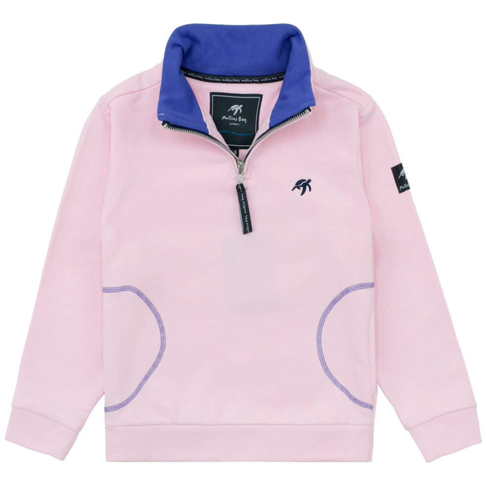 Luxurious children's ice pink West Coast sweatshirt featuring a soft cotton fabric, brushed lining, and stylish half zip design, showcasing a whimsical turtle print on the back, perfect for chilly days.