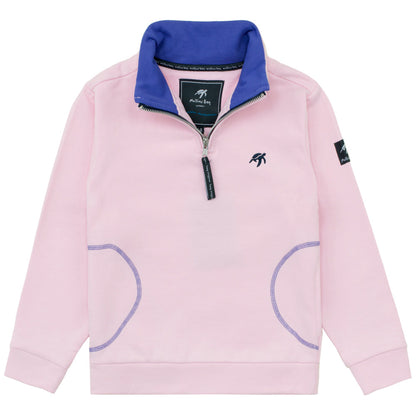 Luxurious children's ice pink West Coast sweatshirt featuring a soft cotton fabric, brushed lining, and stylish half zip design, showcasing a whimsical turtle print on the back, perfect for chilly days.