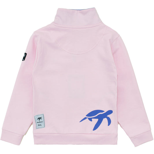 Elegant detail of the children's ice pink West Coast sweatshirt by Mullins Bay, highlighting the ribbed cuffs and hem, along with the signature embroidered turtle accent on the left chest.
