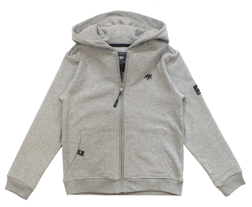 Luxurious grey kids' full zip hooded jacket featuring soft peached fabric and brushed lining, designed with kangaroo pockets, perfect for layering on cooler days.
