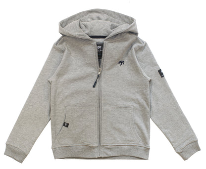 Luxurious grey kids' full zip hooded jacket featuring soft peached fabric and brushed lining, designed with kangaroo pockets, perfect for layering on cooler days.