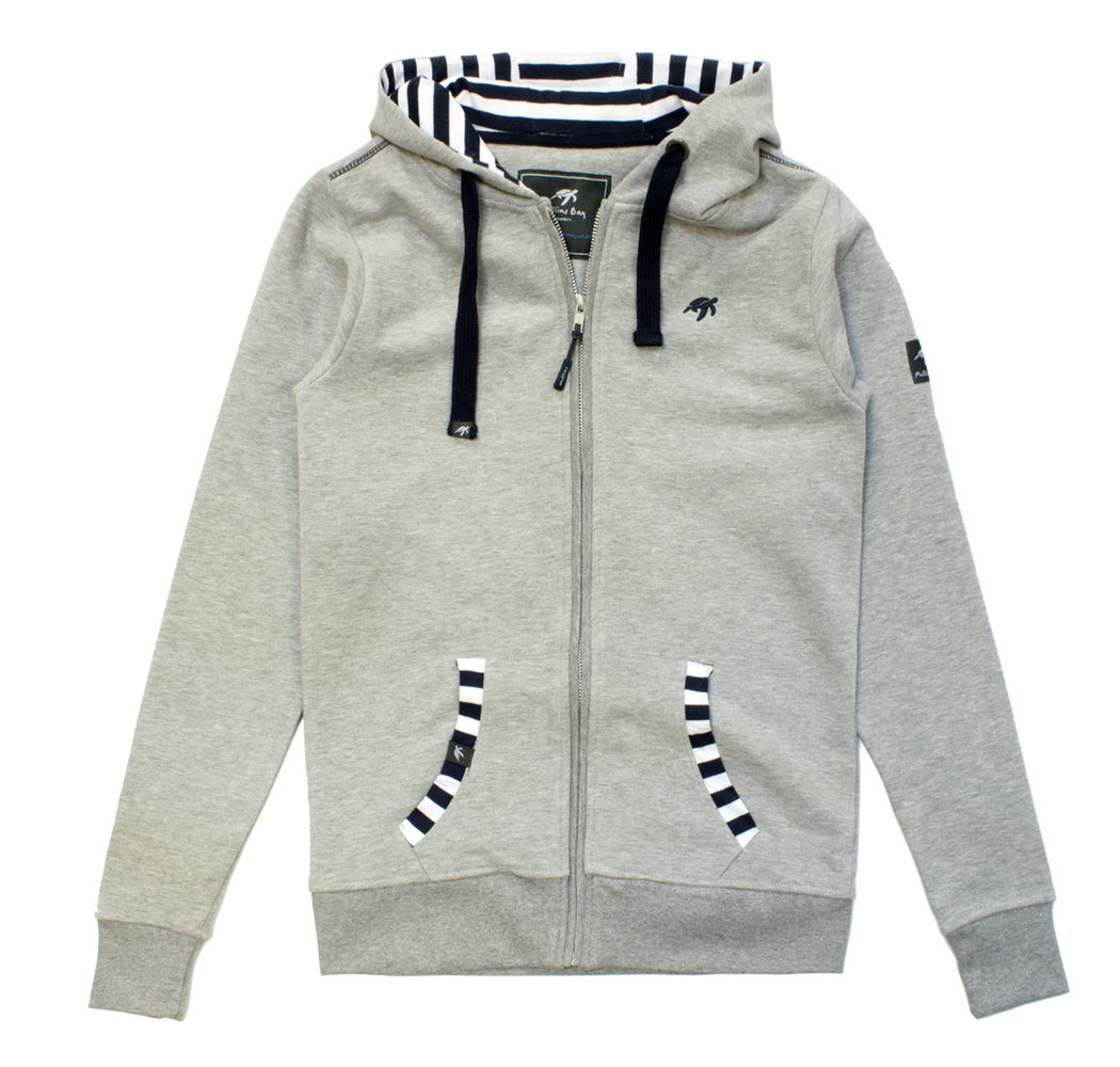 Ladies Grey Boatyard Full Zip Hoodie made from soft 100% cotton, featuring adjustable drawcords, ribbed cuffs, and a luxurious comfortable fit, styled for casual elegance.