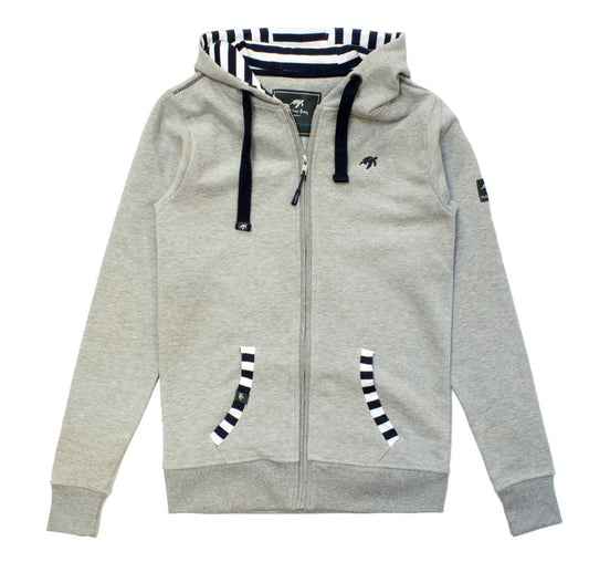 Ladies Grey Boatyard Full Zip Hoodie made from soft 100% cotton, featuring adjustable drawcords, ribbed cuffs, and a luxurious comfortable fit, styled for casual elegance.