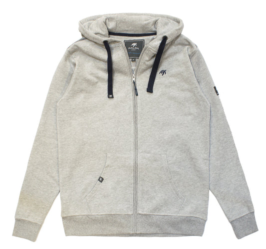 Luxury unisex full zip hoodie in grey with adjustable drawcords, made from 100% soft cotton, featuring front pockets and an embroidered Mullins turtle logo, perfect for a stylish and comfortable off-duty look.