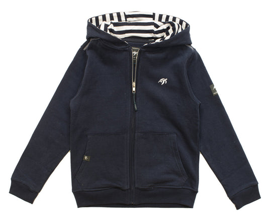 Luxurious navy children's full zip hooded jacket made of soft cotton, featuring kangaroo pockets, ideal for ages 1-12, designed with a charming embroidered turtle logo and printed back design, perfect for keeping warm on cooler days.