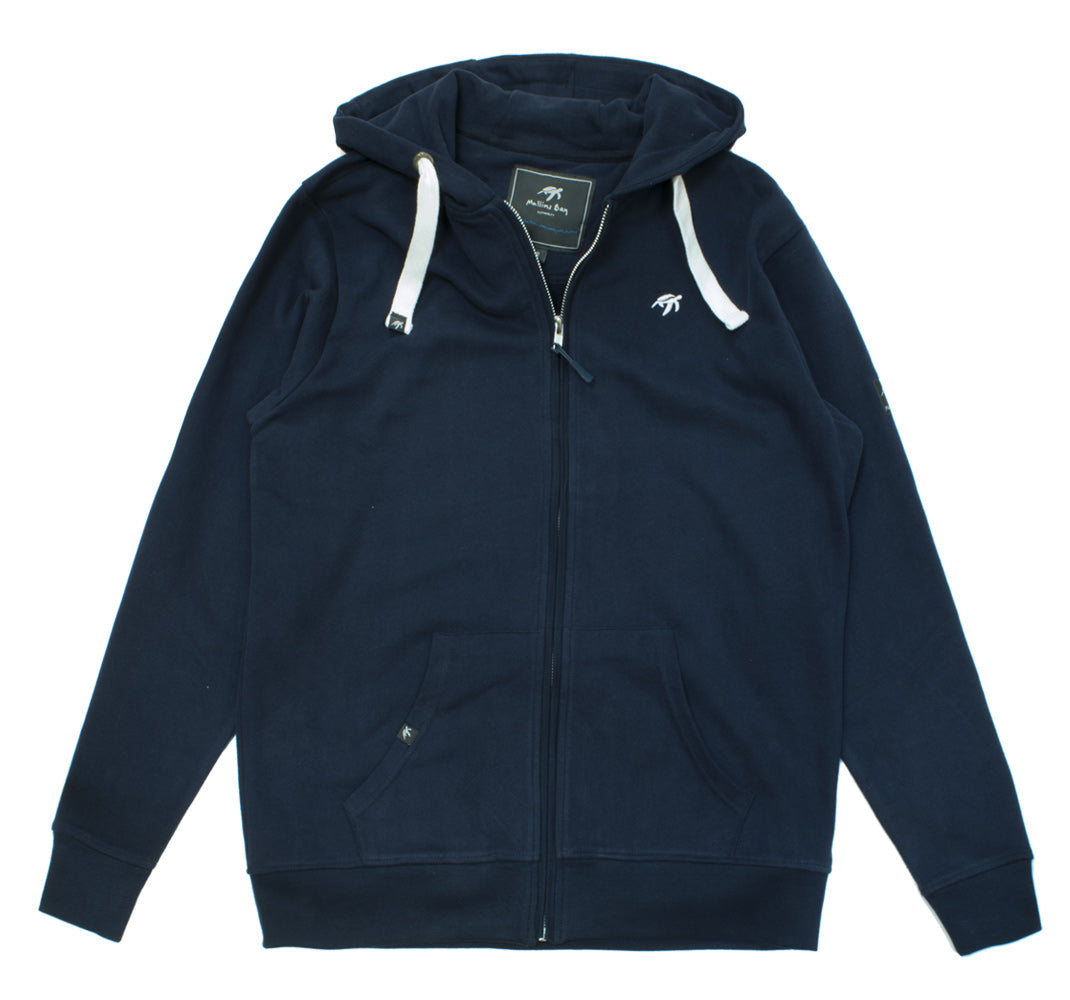 Unisex Navy Full Zip Boatyard Hoodie by Mullins Bay Clothing, featuring soft 100% cotton fabric, adjustable drawcords, front pockets, and embroidered turtle logo for a luxurious casual look.