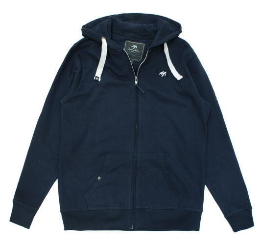 Unisex Navy Full Zip Boatyard Hoodie by Mullins Bay Clothing, featuring soft 100% cotton fabric, adjustable drawcords, front pockets, and embroidered turtle logo for a luxurious casual look.