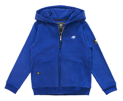 Luxurious electric blue children's full zip hooded sweatshirt featuring soft cotton lining, designed for ages 1-2 to 11-12, showcasing premium kangaroo pockets and an embroidered turtle logo.