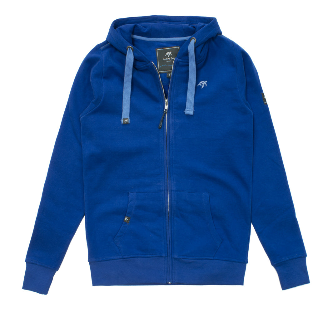 Ladies luxurious electric blue full zip hoodie from Mullins Bay Clothing, featuring soft cotton fabric, adjustable hood, front pockets, and stylish ribbed hem, perfect for elegant casual wear in sizes 8 to 18.