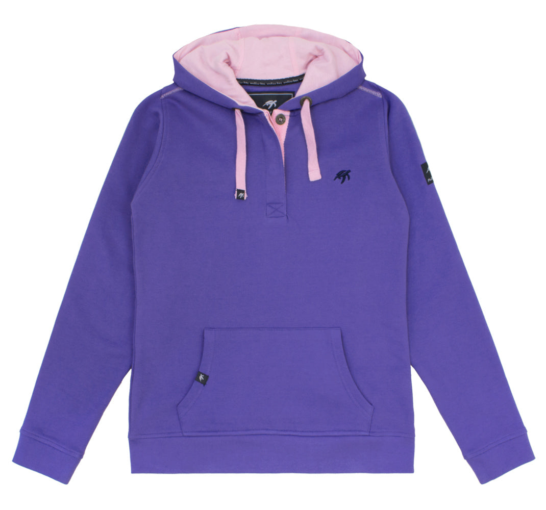 Ladies Indigo Haze Button Up Hoodie made from 100% soft cotton, showcasing the luxurious Mullins Bay turtle print along the back hem, perfect for a stylish and comfortable look.