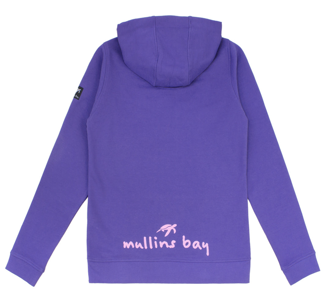 Close-up view of the Ladies Indigo Haze Button Up Hoodie featuring ribbed cuffs, kangaroo pockets, and an embroidered Mullins turtle accent, offering both elegance and comfort in casual wear.