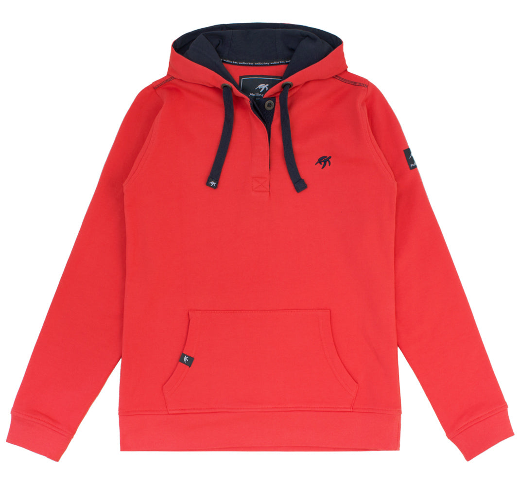 Unisex Spicy Red Boatyard Button-Up Hoodie showcasing soft cotton fabric, featuring kangaroo pockets and a ribbed cuff design, perfect for luxury weekend wear.