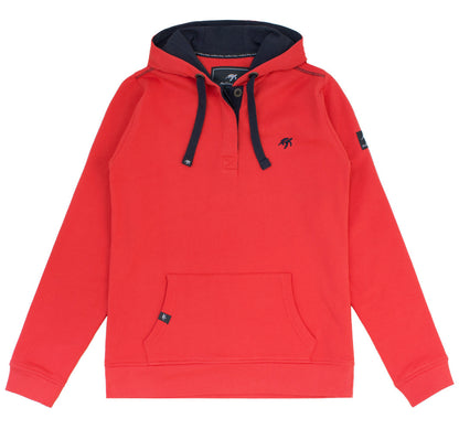 Unisex Spicy Red Boatyard Button-Up Hoodie showcasing soft cotton fabric, featuring kangaroo pockets and a ribbed cuff design, perfect for luxury weekend wear.