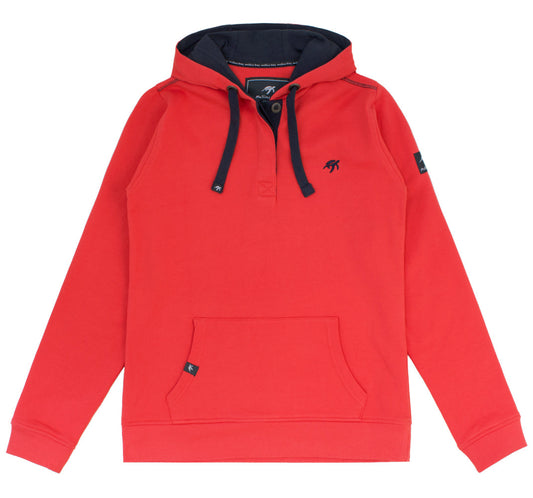 Unisex Spicy Red Boatyard Button-Up Hoodie showcasing soft cotton fabric, featuring kangaroo pockets and a ribbed cuff design, perfect for luxury weekend wear.