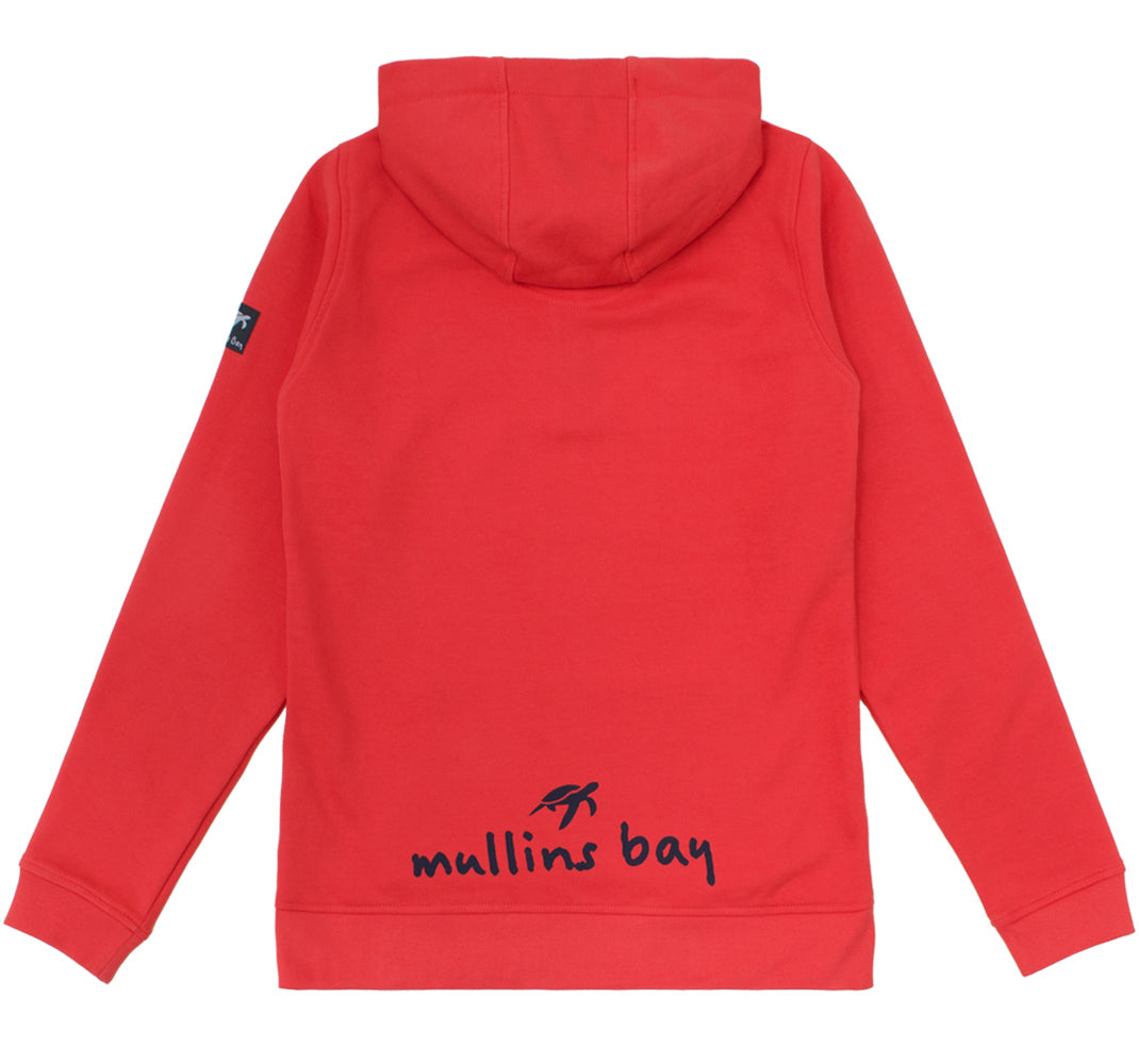 Detailed image of the Mullins Bay Clothing logo on the chest of the Spicy Red Boatyard Hoodie, emphasizing the luxury craftsmanship in unisex casual attire.
