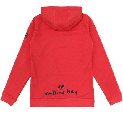 Detailed image of the Mullins Bay Clothing logo on the chest of the Spicy Red Boatyard Hoodie, emphasizing the luxury craftsmanship in unisex casual attire.