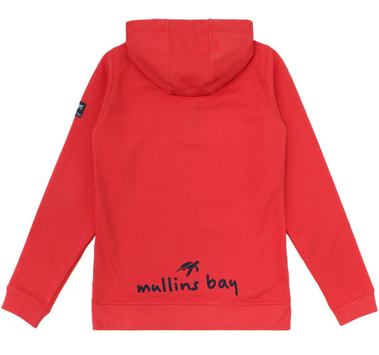 Detailed image of the Mullins Bay Clothing logo on the chest of the Spicy Red Boatyard Hoodie, emphasizing the luxury craftsmanship in unisex casual attire.