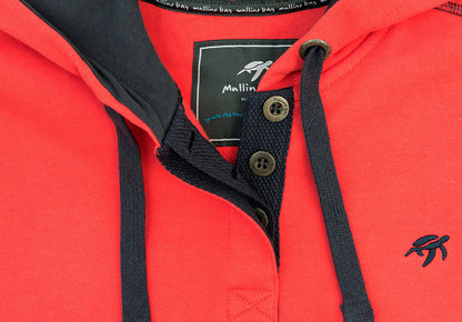 Size guide for the unisex Spicy Red Boatyard Button-Up Hoodie, accurately representing dimensions for optimal fit in a stylish and comfortable design.