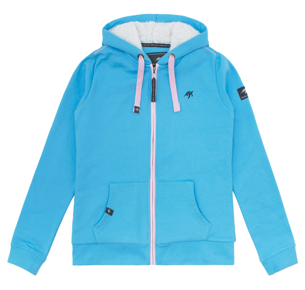 Luxury Ladies Full Zip Hoodie in Breeze featuring soft cotton fabric, ribbed hem, and stylish kangaroo pockets, designed for sizes 8-18 by Mullins Bay Clothing.