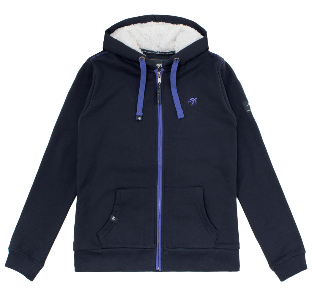 Elegantly styled Ladies Harbour Blue Full Zip Hoodie featuring ribbed cuffs, crafted from soft cotton for ultimate comfort, with a chic Mullins Bay print accent and kangaroo pocket, ideal for sophisticated casual wear.