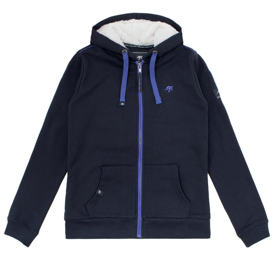 Elegantly styled Ladies Harbour Blue Full Zip Hoodie featuring ribbed cuffs, crafted from soft cotton for ultimate comfort, with a chic Mullins Bay print accent and kangaroo pocket, ideal for sophisticated casual wear.