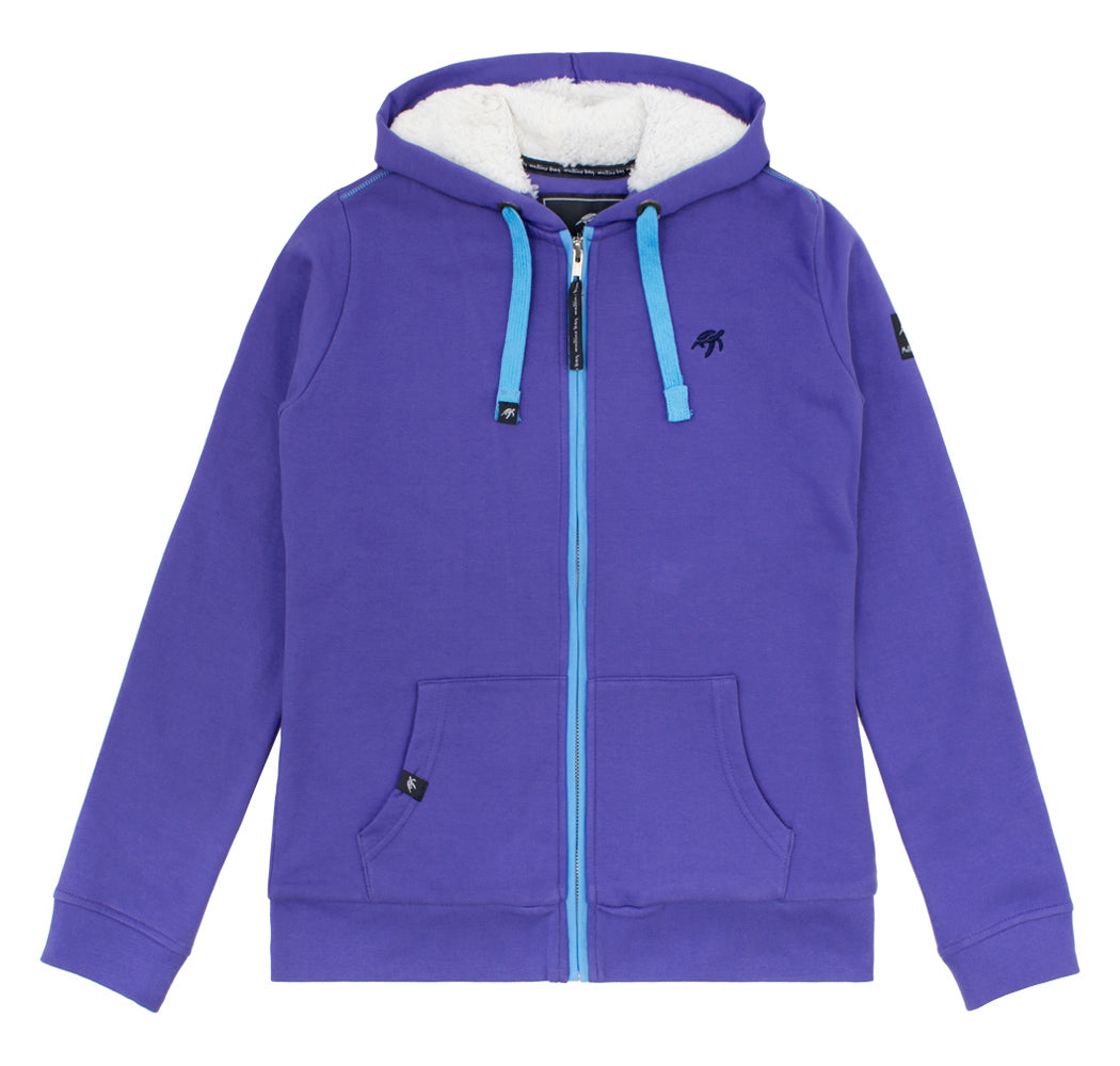 Ladies Full Zip Hoodie in Indigo Haze by Mullins Bay Clothing, featuring soft cotton fabric, adjustable drawcord hood, and elegant ribbed hem design, perfect for stylish comfort in sizes 8-18.
