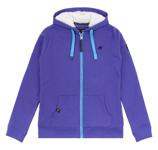 Ladies Full Zip Hoodie in Indigo Haze by Mullins Bay Clothing, featuring soft cotton fabric, adjustable drawcord hood, and elegant ribbed hem design, perfect for stylish comfort in sizes 8-18.